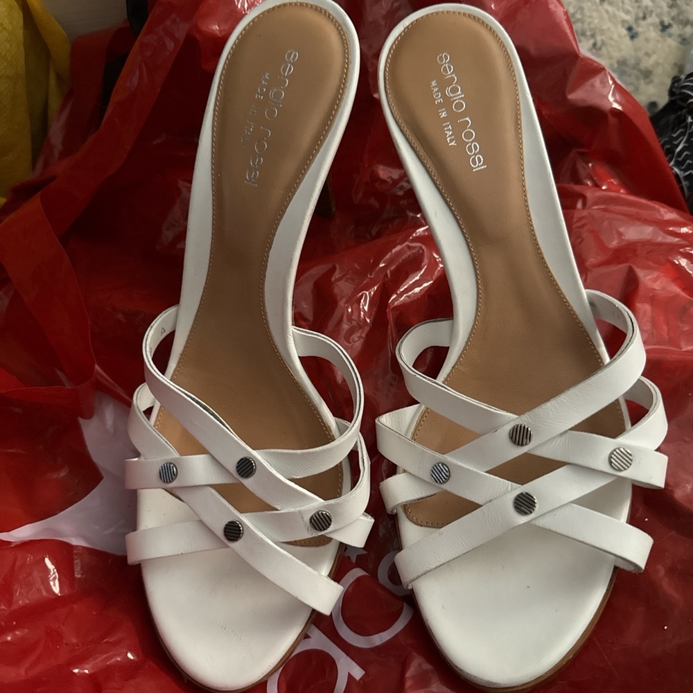 Sergio Rossi White Sandals with Gold Studded Straps